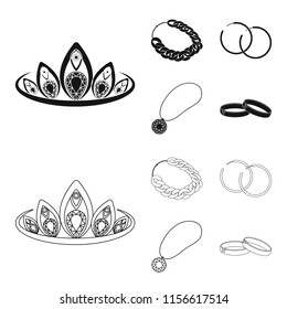 Tiara, gold chain, earrings, pendant with a stone. Jewelery and accessories set collection icons in black,outline style vector symbol stock illustration web.