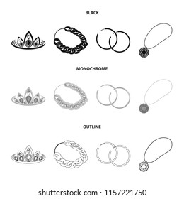 Tiara, gold chain, earrings, pendant with a stone. Jewelery and accessories set collection icons in black,monochrome,outline style vector symbol stock illustration web.