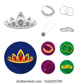 Tiara, gold chain, earrings, pendant with a stone. Jewelery and accessories set collection icons in monochrome,flat style vector symbol stock illustration web.