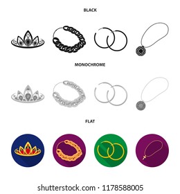 Tiara, gold chain, earrings, pendant with a stone. Jewelery and accessories set collection icons in black, flat, monochrome style vector symbol stock illustration web.