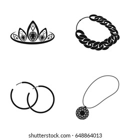 Tiara, gold chain, earrings, pendant with a stone. Jewelery and accessories set collection icons in black style vector symbol stock illustration web.