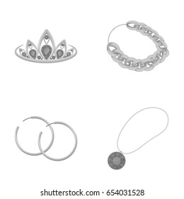 Tiara, gold chain, earrings, pendant with a stone. Jewelery and accessories set collection icons in monochrome style vector symbol stock illustration web.