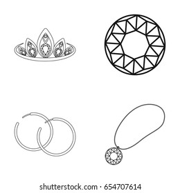 Tiara, gold chain, earrings, pendant with a stone. Jewelry and accessories set collection icons in outline style vector symbol stock illustration web.