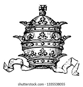 Tiara Have A Pope's Mitre With Its Triple Crown, Vintage Line Drawing Or Engraving Illustration.