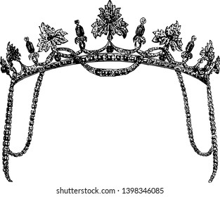 Tiara is a head to dress made with sapphires vintage line drawing or engraving illustration.