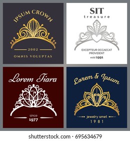 Tiara luxury logo set. Vector jewelry crowns emblems for expensive restaurant or beauty woman