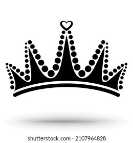 Tiara with pearls and a heart. The crown of the princess. The silhouette of the crown is highlighted on a white background.