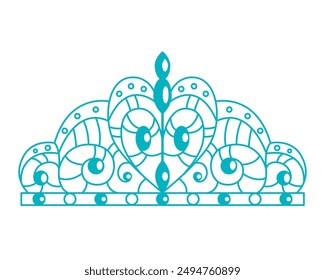 Tiara, royal accessory crown with blue stones and pearls. Queen Coronation, Princess. Bridal Hair Decoration. Vector illustration