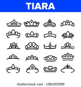 Tiara, Royal Accessory Vector Thin Line Icons Set. Tiara, Diadem Types Linear Illustrations. Queen Coronation, Princess, Nobility Headwear. Bridal Hair Decoration. Beauty Contest, Miss Award