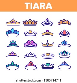 Tiara, Royal Accessory Vector Thin Line Icons Set. Tiara, Diadem Types Linear Illustrations. Queen Coronation, Princess, Nobility Headwear. Bridal Hair Decoration. Beauty Contest, Miss Award