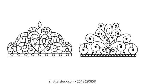 Tiara, royal crown with stones and pearls. Coronation of the queen, princess. A set of hair accessories. Vector illustration
