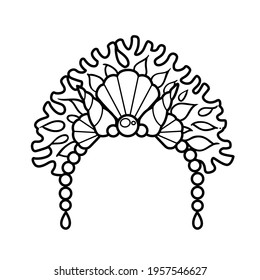 Tiara of the sea princess from coral and pearls linear drawing for coloring on a white background