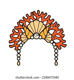 Tiara of the sea princess from coral and pearls linear drawing for coloring on a white background