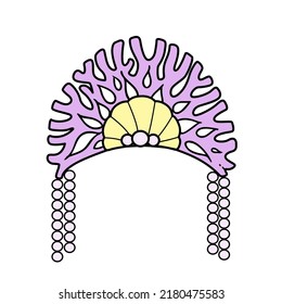 Tiara of the sea princess from coral seashells and pearls linear drawing for coloring on a white background