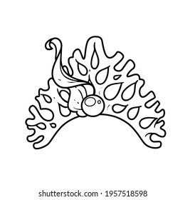 Tiara of the sea princess from coral seaweed and big pearl linear drawing for coloring on a white background