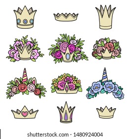 Tiaras various shapes with flowers color picture on white background