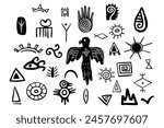 Tibal traditional primitive aztec elements doodle style, mexican indigenous native print, collection torems symbols isolated on white background.