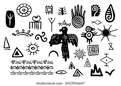 Tibal traditional primitive aztec elements doodle style, mexican indigenous native print, collection torems symbols isolated on white background.