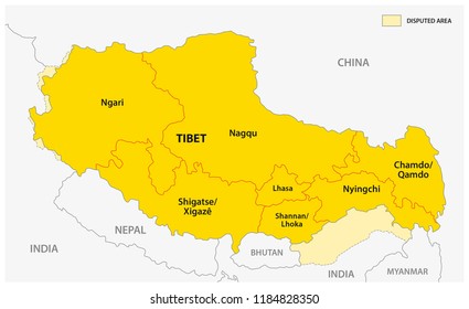 tibet administrative and political vector map with disputed border areas.