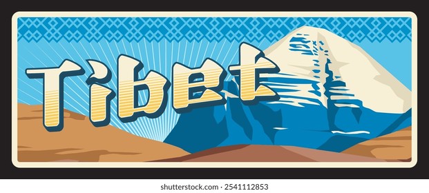 Autonome Region Tibet von China, Berglandschaft mit Gipfel und Schnee auf dem Gipfel. Vektor-Reiseteller, Vintage-Schild, Retro-Postkartendesign. Alte Plakette mit Natur und Wildnis