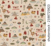 Tibet China travel destination objects vector seamless pattern