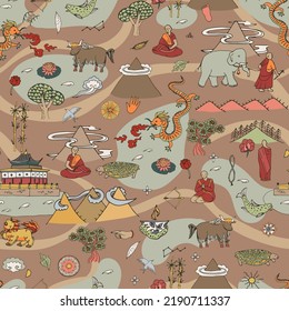 Tibet China travel destination objects vector seamless pattern