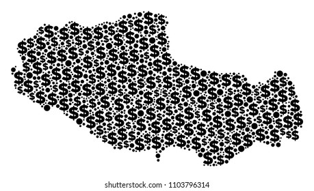 Tibet Chinese territory map collage of dollar symbols and sphere spots in different sizes. Abstract vector wealth and GDP Tibet Chinese territory map.