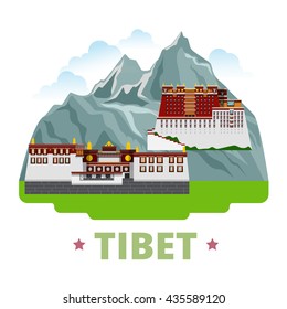 Tibet country design template. Flat cartoon style historic sight showplace web site vector illustration. World vacation travel sightseeing Asia Asian collection. Potala Palace Lhasa Drepung Monastery.