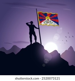 Tibet Flag hoisted on a mountain peak with a purplish sunset in the background, vector illustration