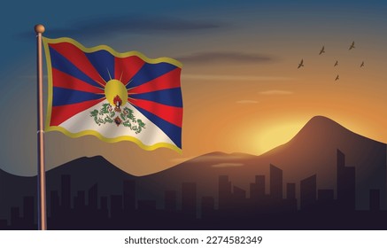 Tibet flag with mountains and morning sun in the background