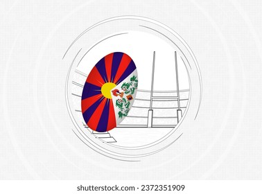 Tibet flag on rugby ball, lined circle rugby icon with ball in a crowded stadium. Vector sport emblem on abstract background.