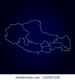 Tibet map: blue glitter outline with sparkling stars on dark background. Detailed map of Tibet. Vector illustration.