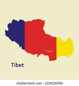 Tibet map vector with capital Lhasa marked. Tibet flag color background. Vector, illustration.