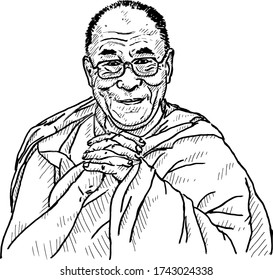 TIBET, May 28, 2020: Caricature Of Lhamo Thondup, The 14th Dalai Lama. Hand Drawn Vector Illustration. 