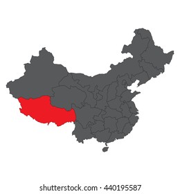 Tibet red map on gray China map vector