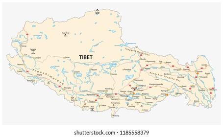 Tibet region with important cities and roads vector map.