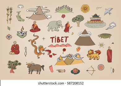Tibet travel vector set.