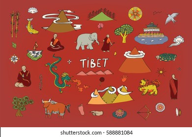 Tibet travel vector set.