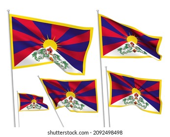 Tibet vector flags set. 5 different wavy fabric 3D flags fluttering on the wind. EPS 8 created using gradient meshes isolated on white background. Five design elements from world collection