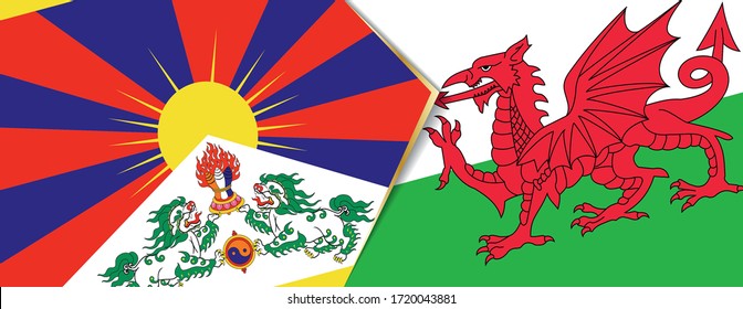 Tibet und Wales Flaggen, zwei Vektorfahnen Symbol für Beziehung oder Konfrontation.