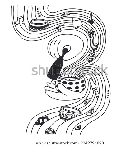 Tibetan Bowls logo doodle. Hands are holding Tibetan bowl and making bowls sound. Healing therapy. Sound healing for balance and a clear mind.  New way of meditation. Singing therapy doodle