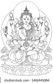 Tibetan Buddhism Thangka line drawing vector