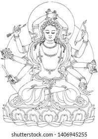 Tibetan Buddhism Thangka line drawing vector