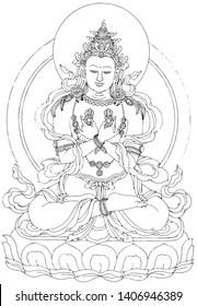 Tibetan Buddhism Thangka line drawing vector