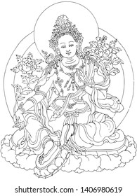 Tibetan Buddhism Thangka line drawing vector