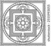 Tibetan Buddhist Mandala. Motif of Thangka Tantric Meditation Symbol. Illustration for Coloring Book, Tapestry, Sand Painting Idea