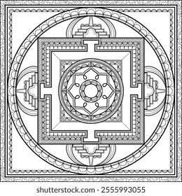 Tibetan Buddhist Mandala. Motif of Thangka Tantric Meditation Symbol. Illustration for Coloring Book, Tapestry, Sand Painting Idea