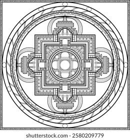 Tibetan Buddhist Mandala. Motif of Vajrabhairava mandala. Yamantaka Illustration for Coloring Book, Tapestry, Sand Painting Idea