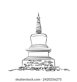 Tibetan Buddhist stupa, hand drawn vector illustration, religious sacred symbol of Buddhism, freehand sketch black ink lines isolated on white