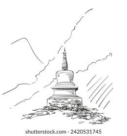 Tibetan Buddhist stupa in the Himalayas, hand drawn vector illustration, religious sacred symbol of Buddhism in the mountains, freehand sketch